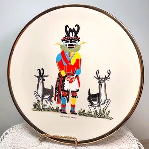 Native American Indian Hopi Antelope Plate 10" Vtg 70s Art 18k Gold Rim Decor